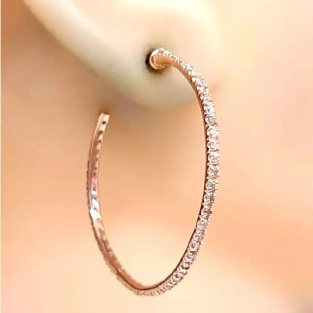 NWOT 14K Rose Gold Dipped Over 925 Sterling Natural 1.0K Diamond Hoop Earrings